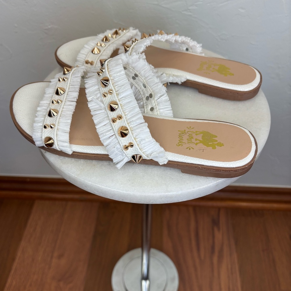 CAMEL THREADS White Gold Sandal Flats Shoes Raffia Gold Slip On 2 Strap Women 7 - Picture 5 of 8